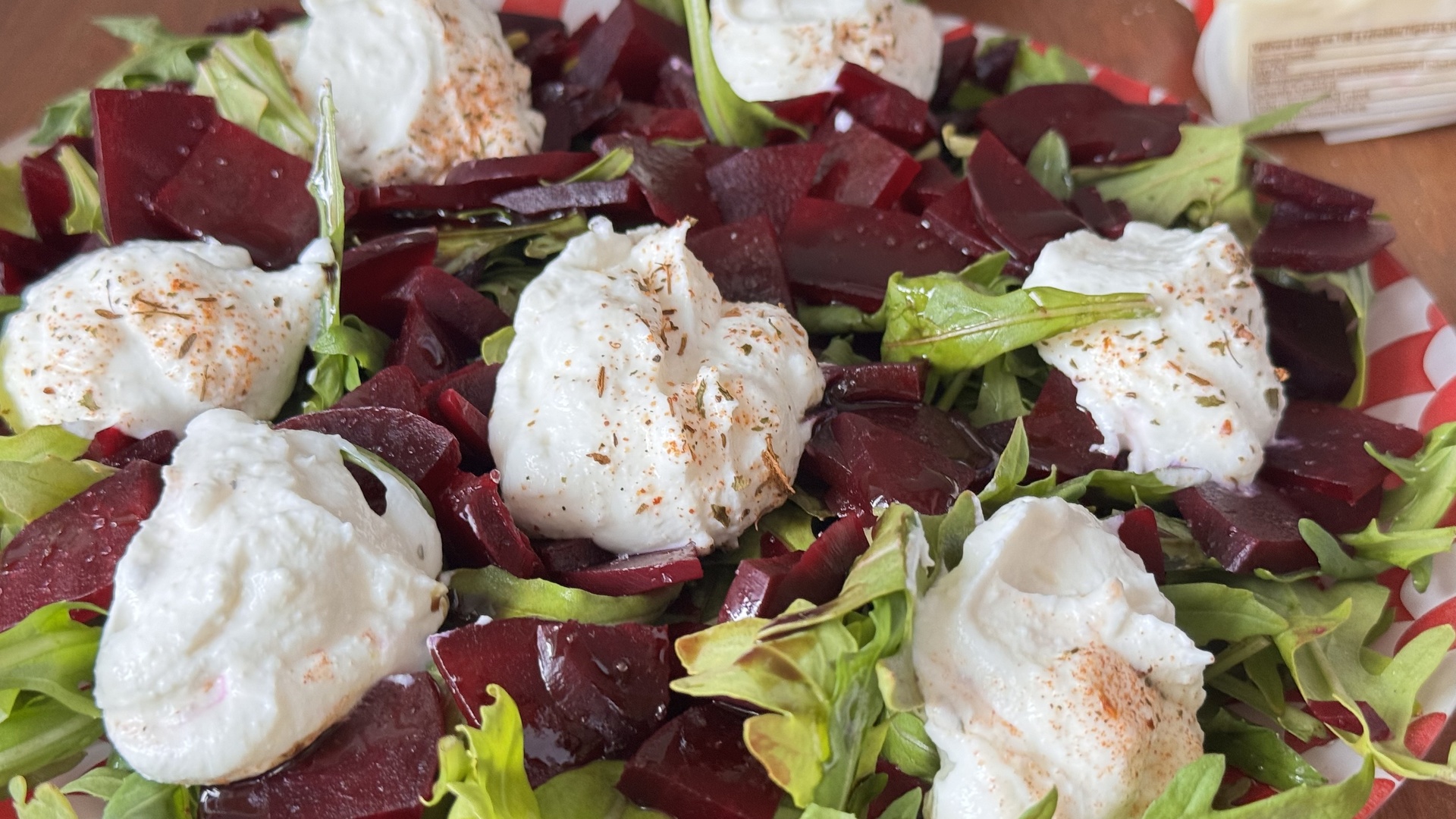 Arugula, Beet, and Ricotta Salad with Garlic and Pumpkin Seed Oil