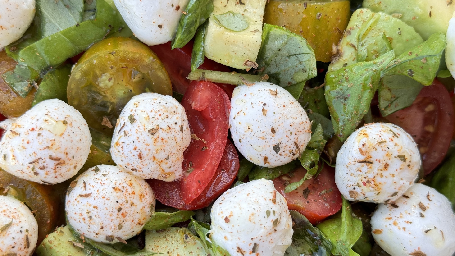 Tomato, Mini Mozzarella, Avocado, and Basil Salad