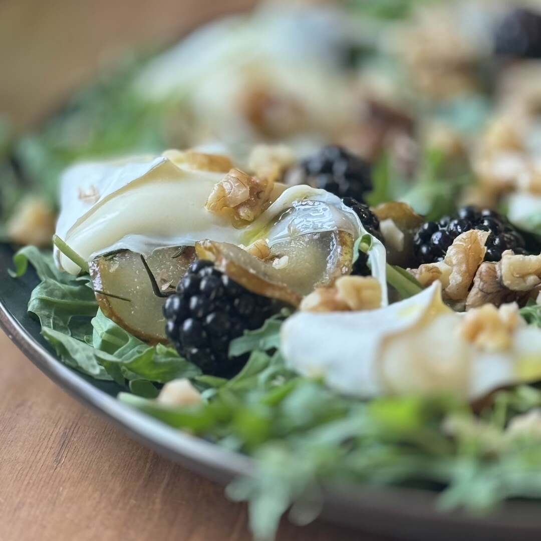 Arugula Salad with Caramelized Pear, Melted Camembert, and Blackberries