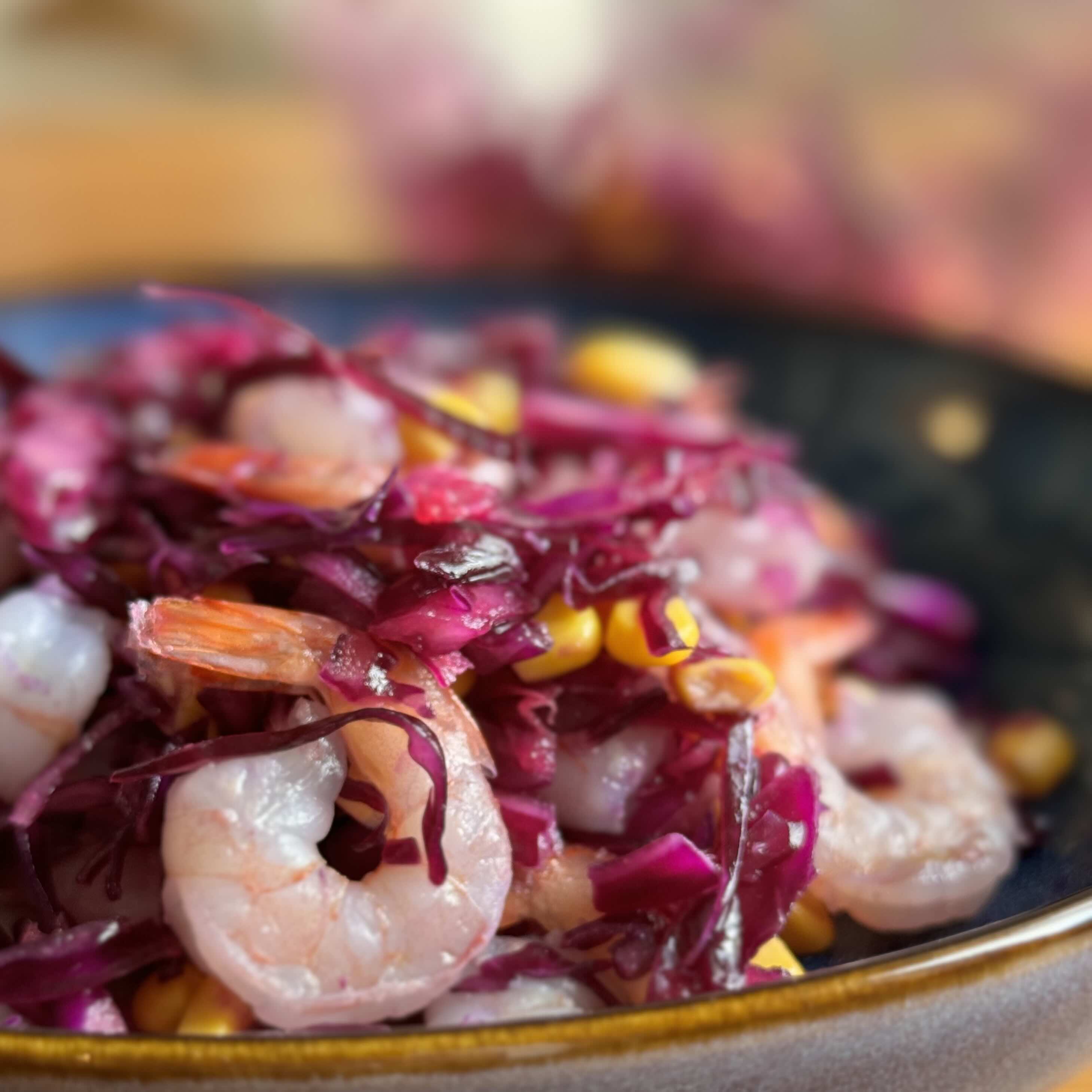 Vibrant Red Cabbage Shrimp Salad with Lemon and Corn