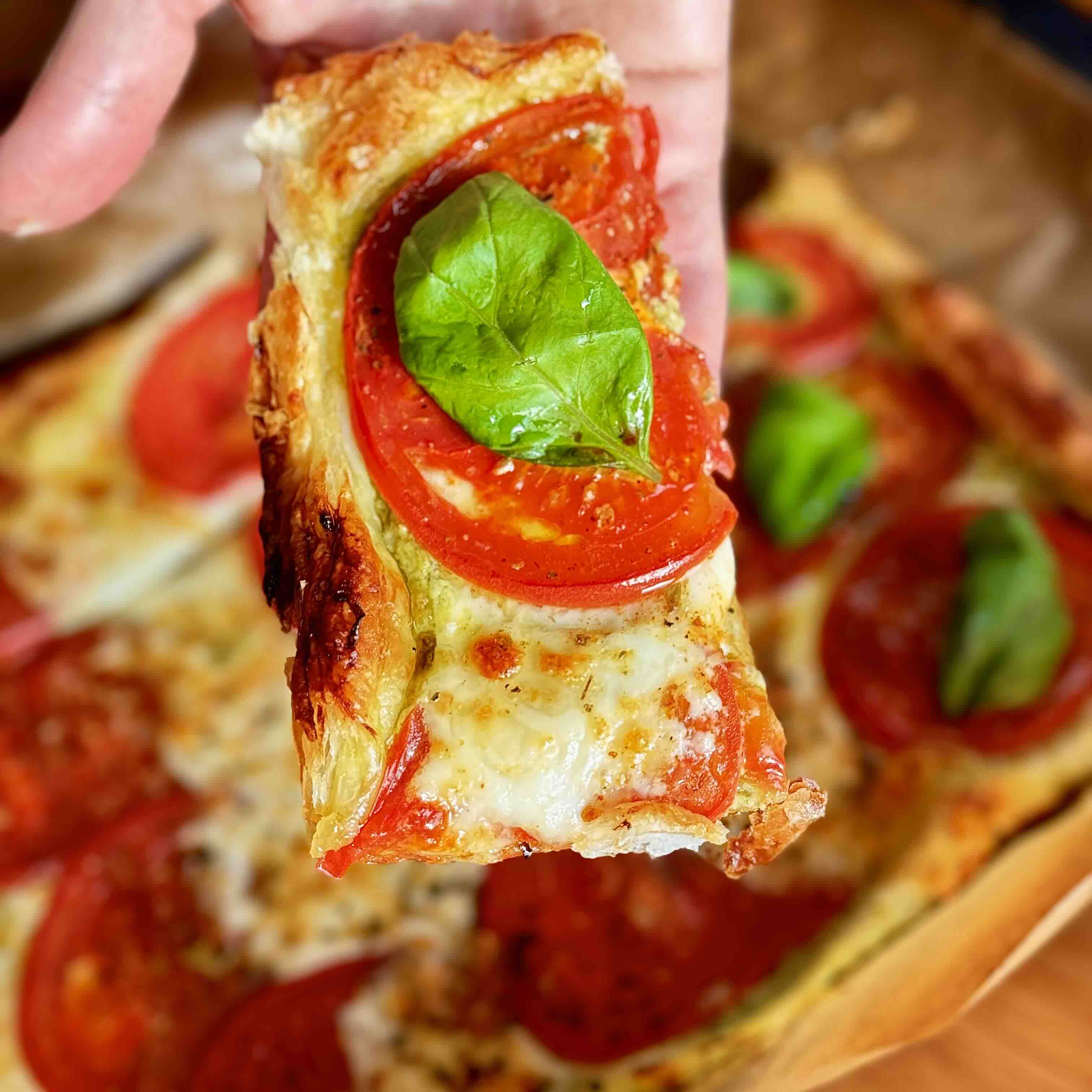 Caprese-Style Puff Pastry Pizza with Pesto, Tomato, and Mozzarella