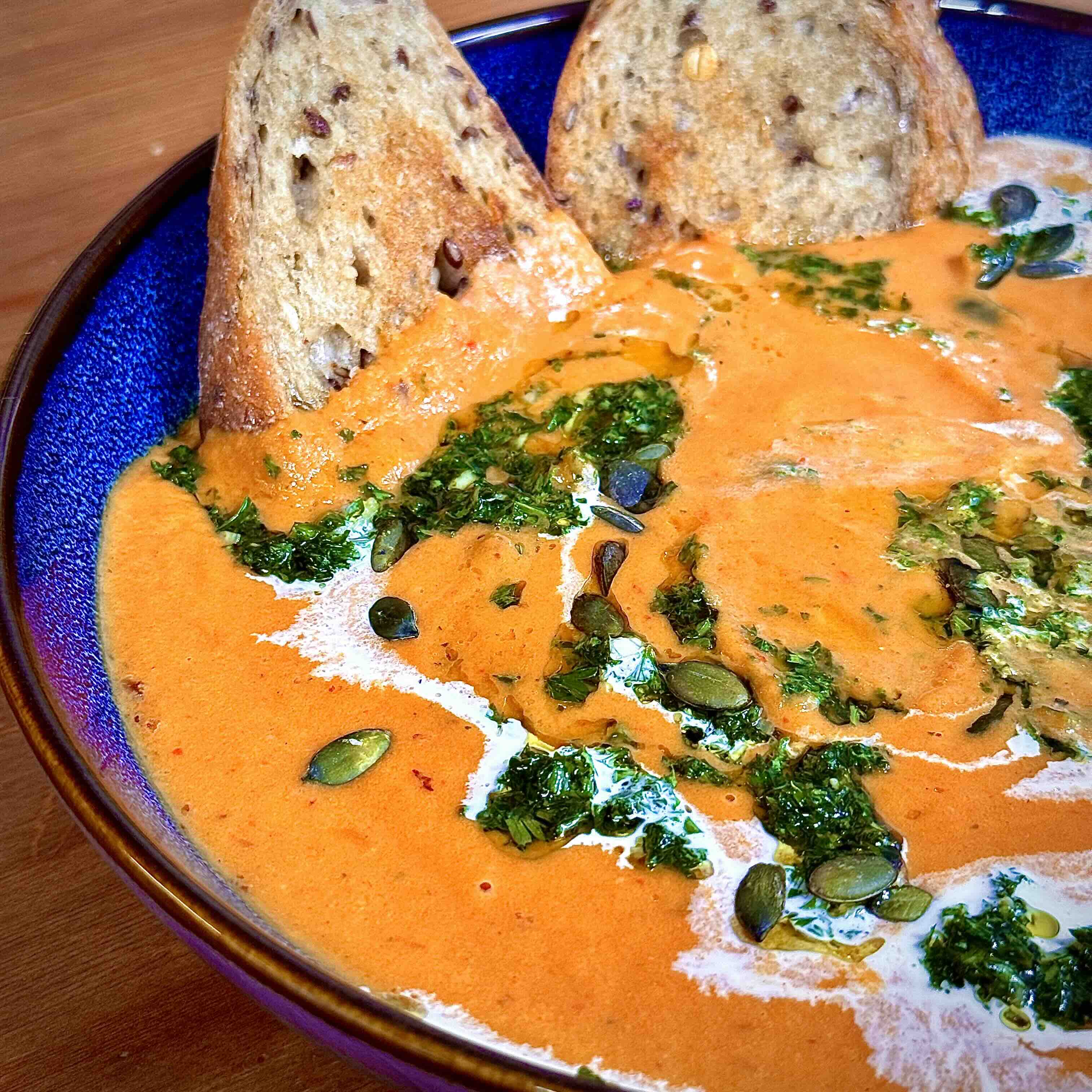 Roasted Pumpkin Soup with Chimichurri and Sourdough Croutons