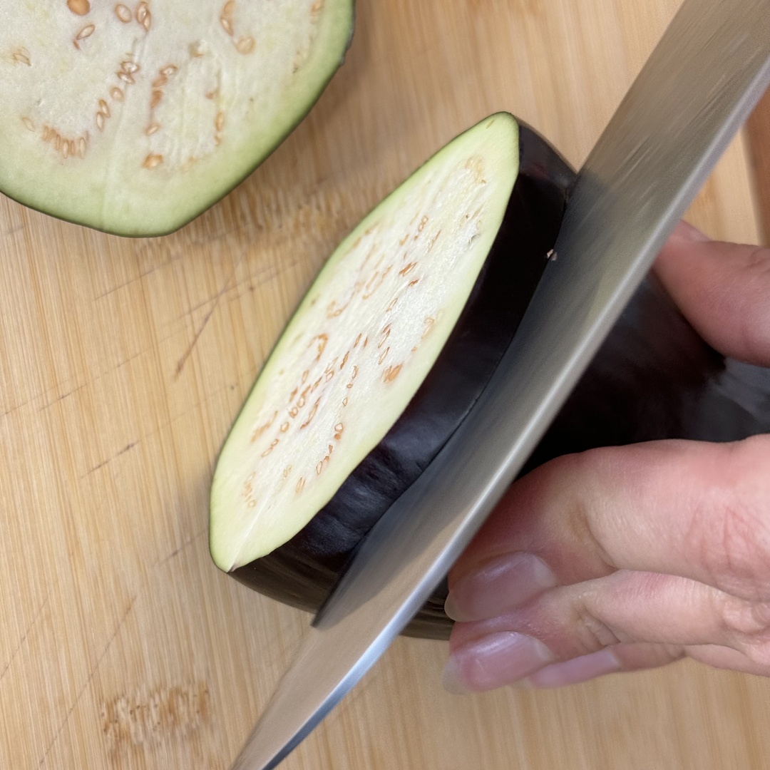 Eggplant sliced for Baked Ratatouille