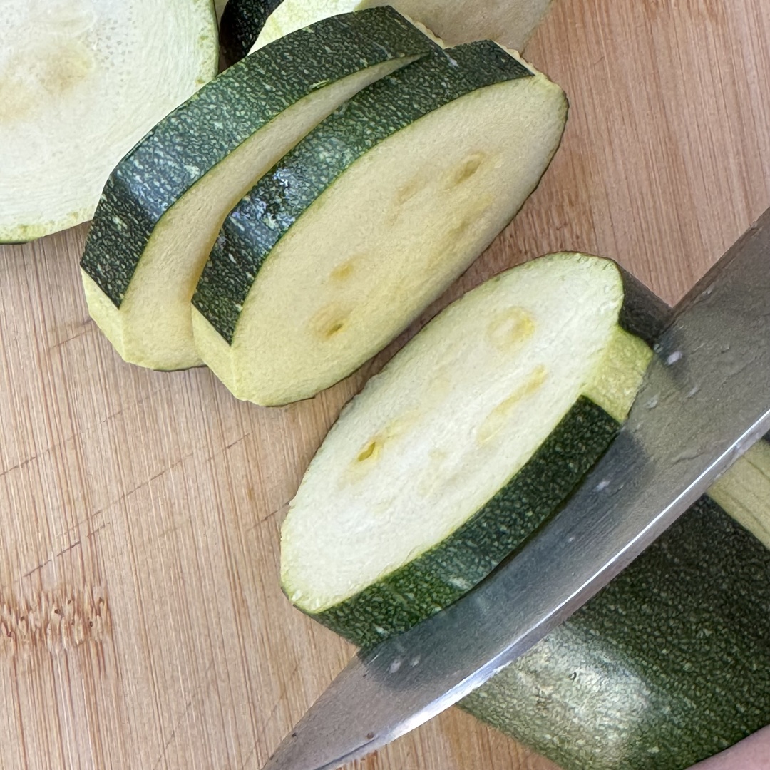 zucchini sliced for Baked Ratatouille