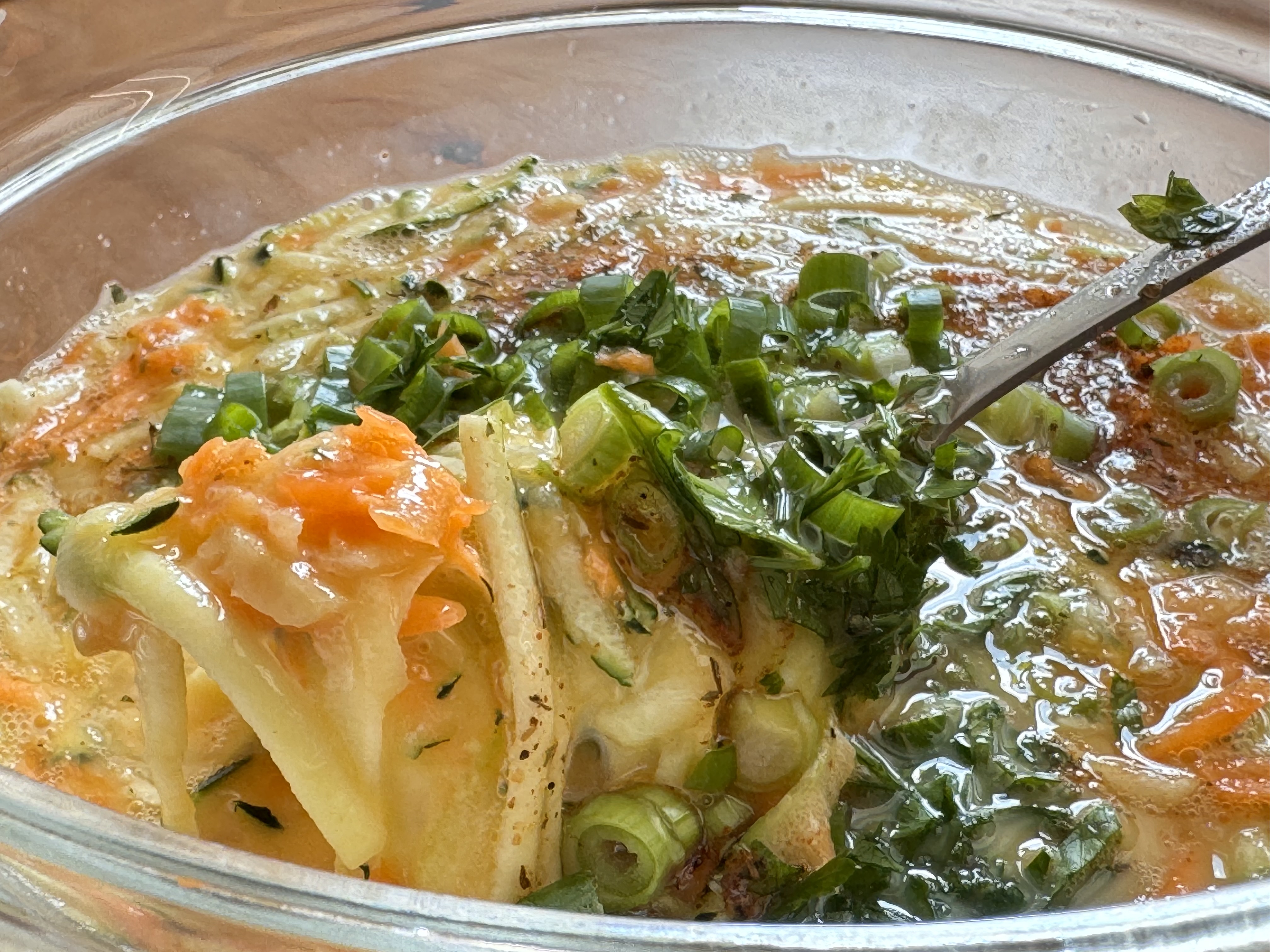 grated zucchini, grated carrot, chopped parsley, and chopped green onions to the egg mixture