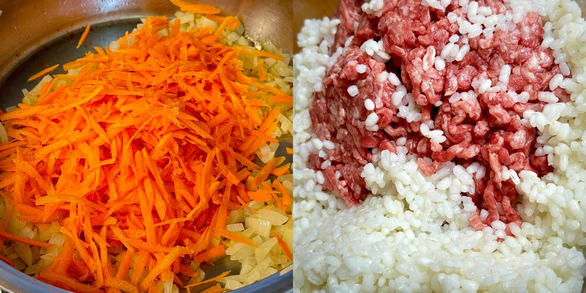 Ground veal, pork, and rice stuffing in a bowl