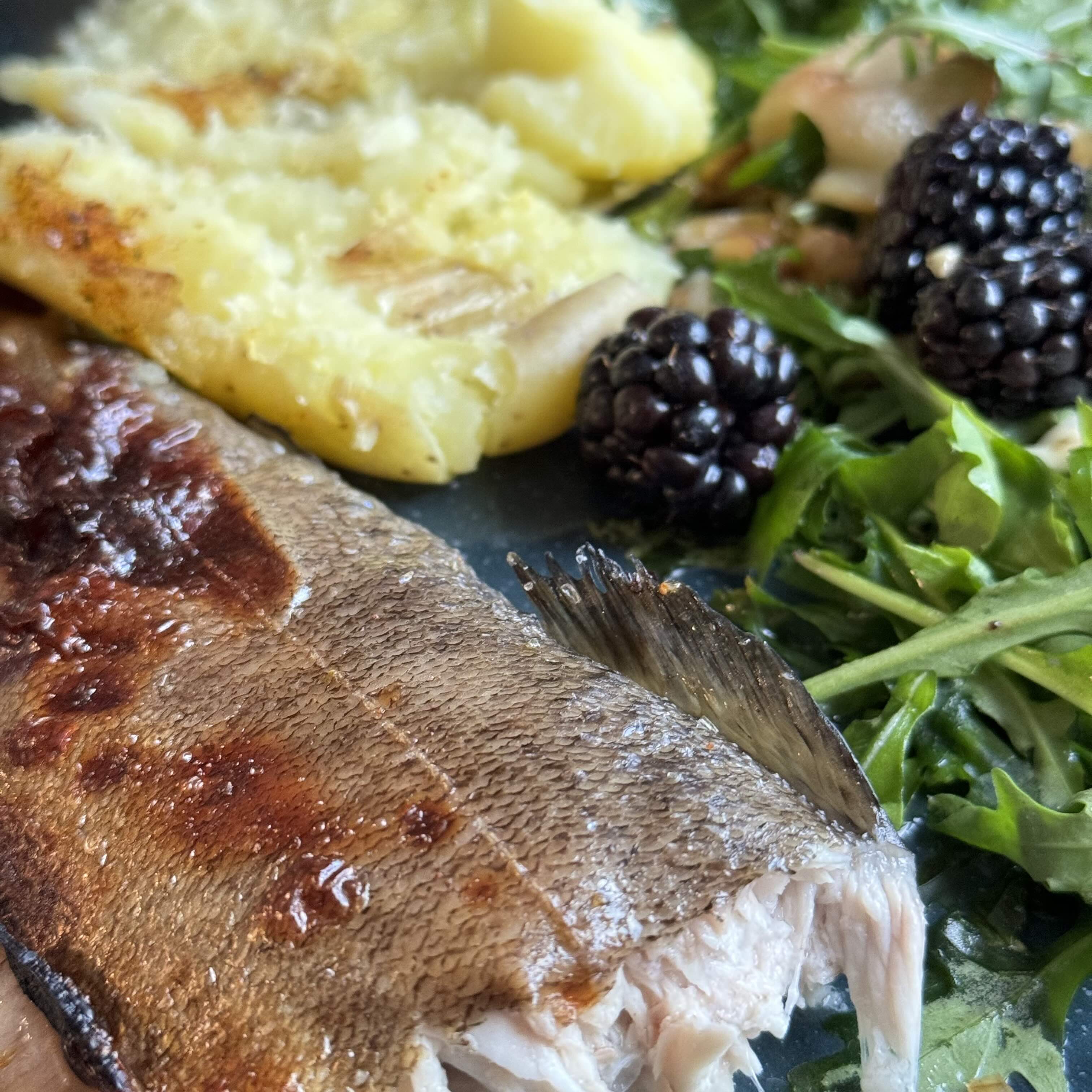 Baked Trout with Lemon, Celery, and Honey Soy Glaze with baked potato and lemon and salad