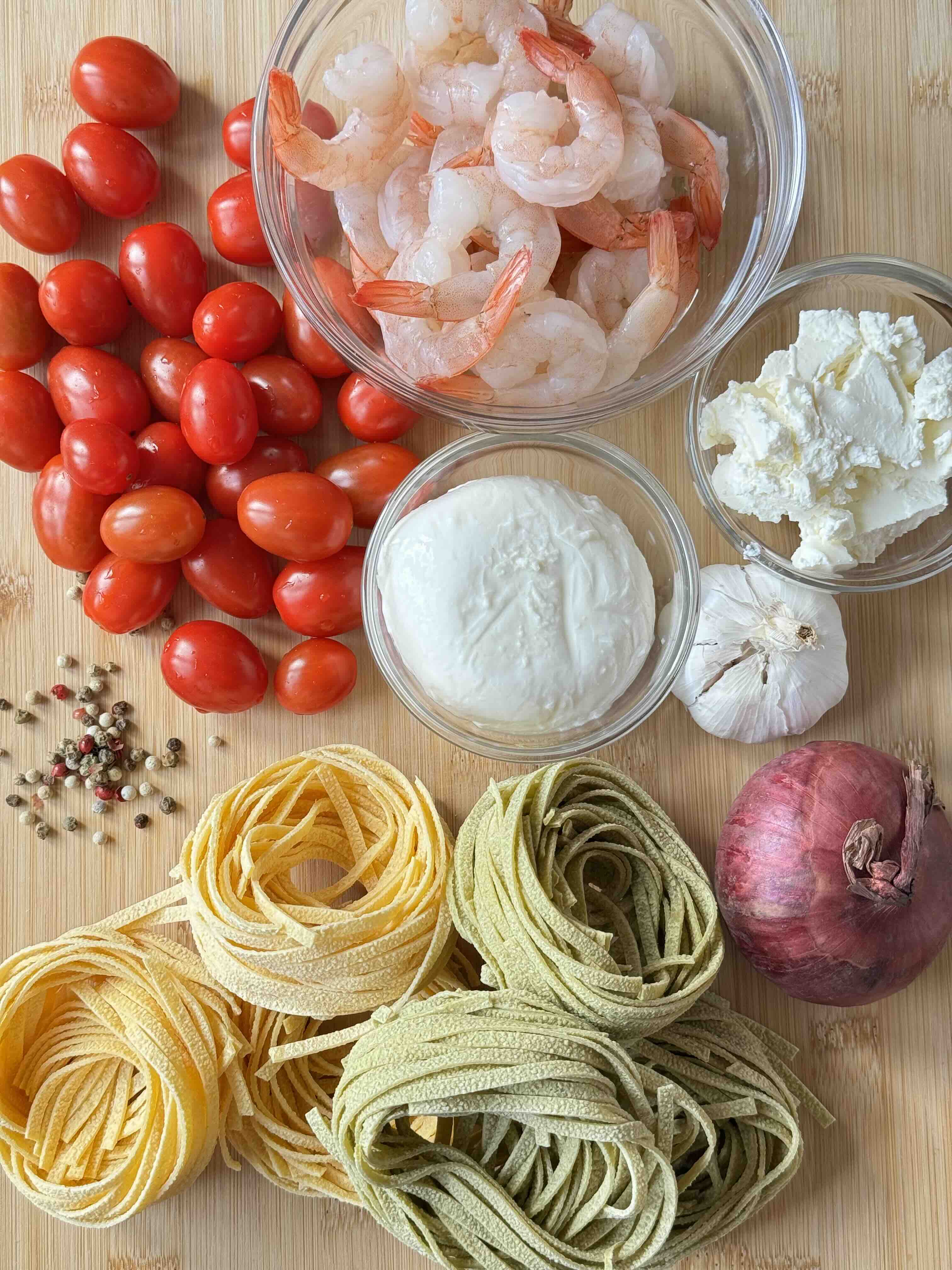 Ingredients for Creamy Shrimp Pasta with Roasted Vegetables & Mozzarella