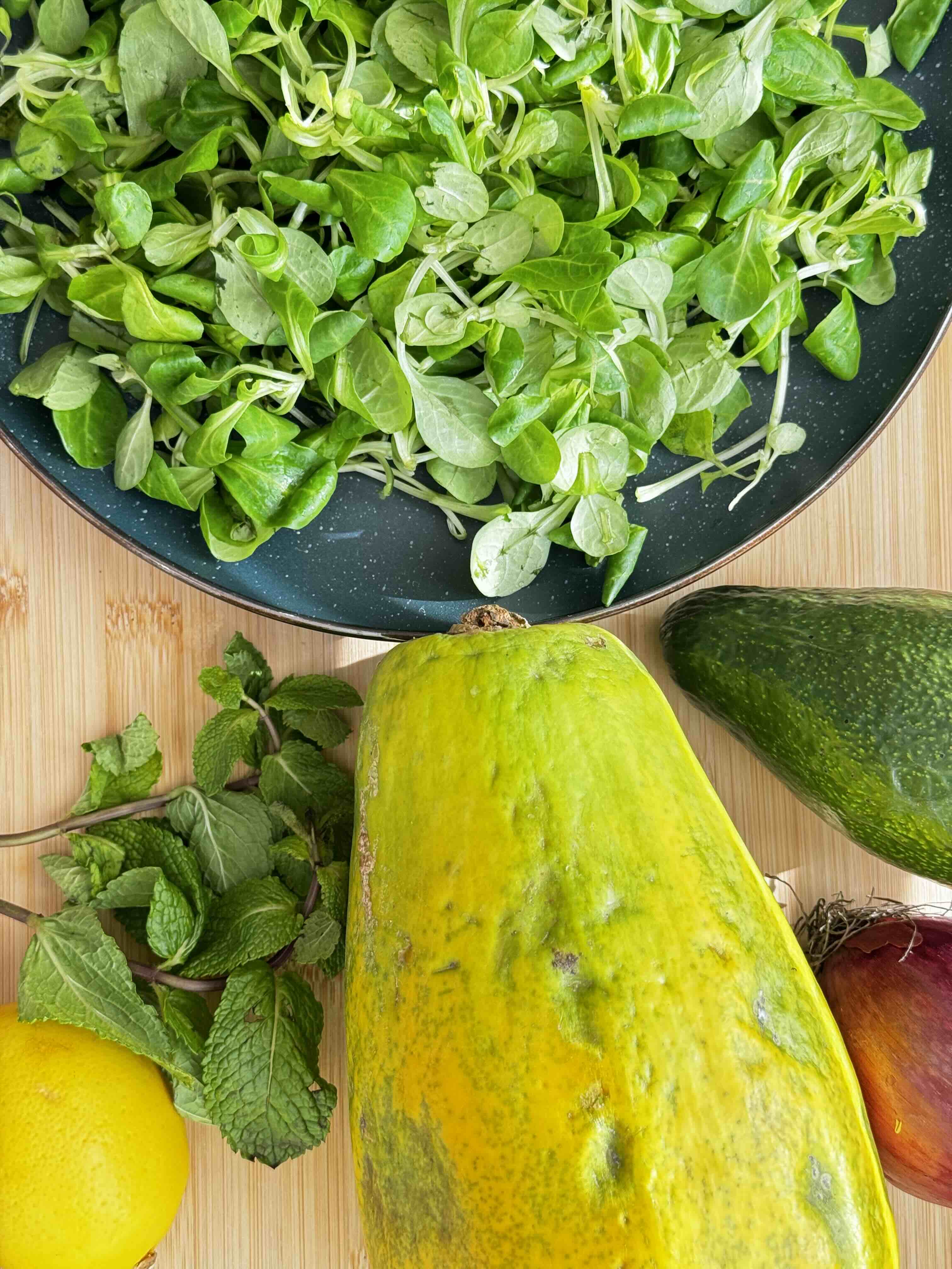 Ingredients for Papaya and Mung Bean Salad with Avocado, Pine Nuts, and Fresh Mint