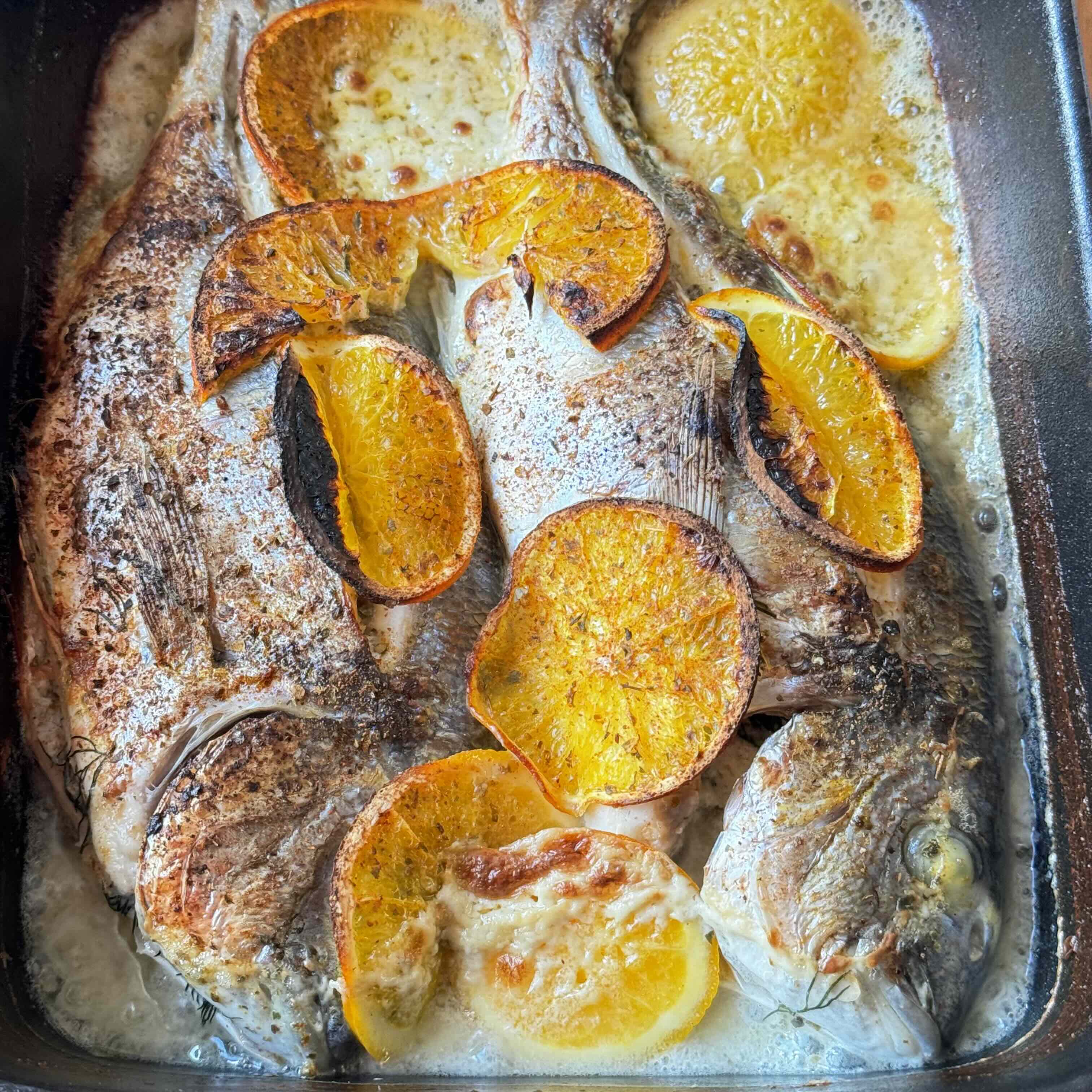 Baked Dorado with coconut cream and fresh orange on a pan