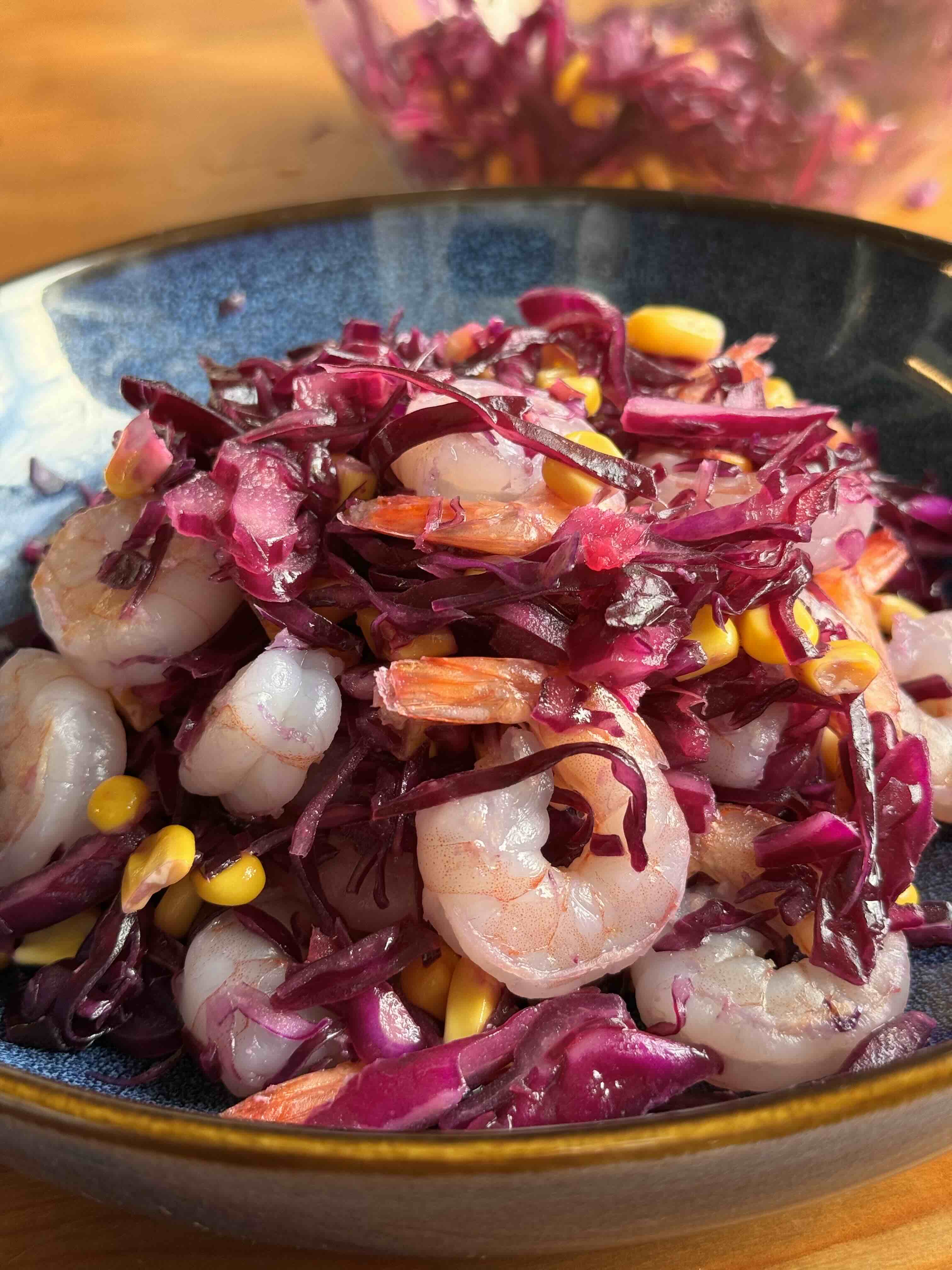 Vibrant Red Cabbage Shrimp Salad with Lemon and Corn