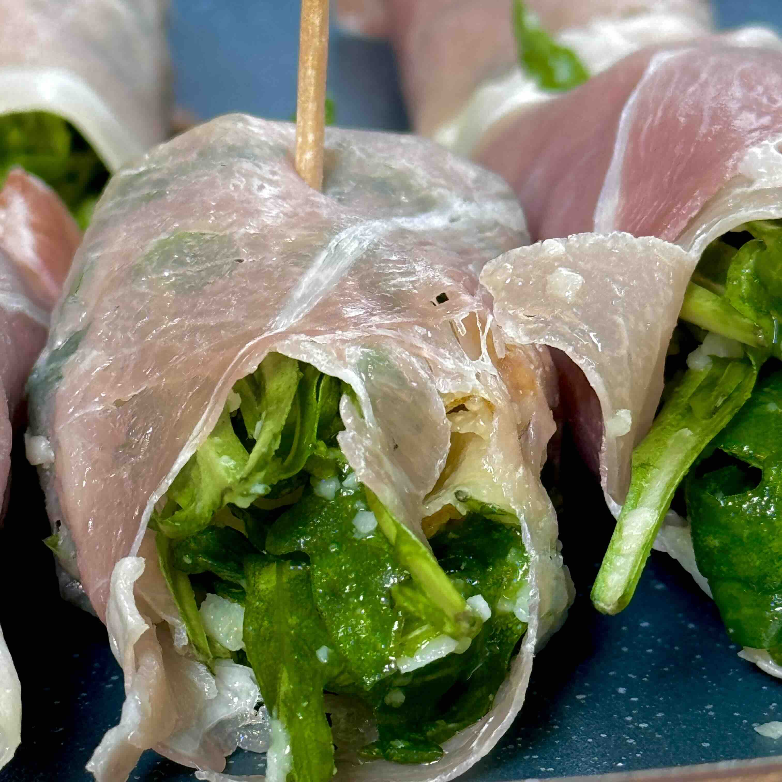 Ready to eat Gourmet Jamón Rolls with Arugula, Pear, Parmesan, and Almonds