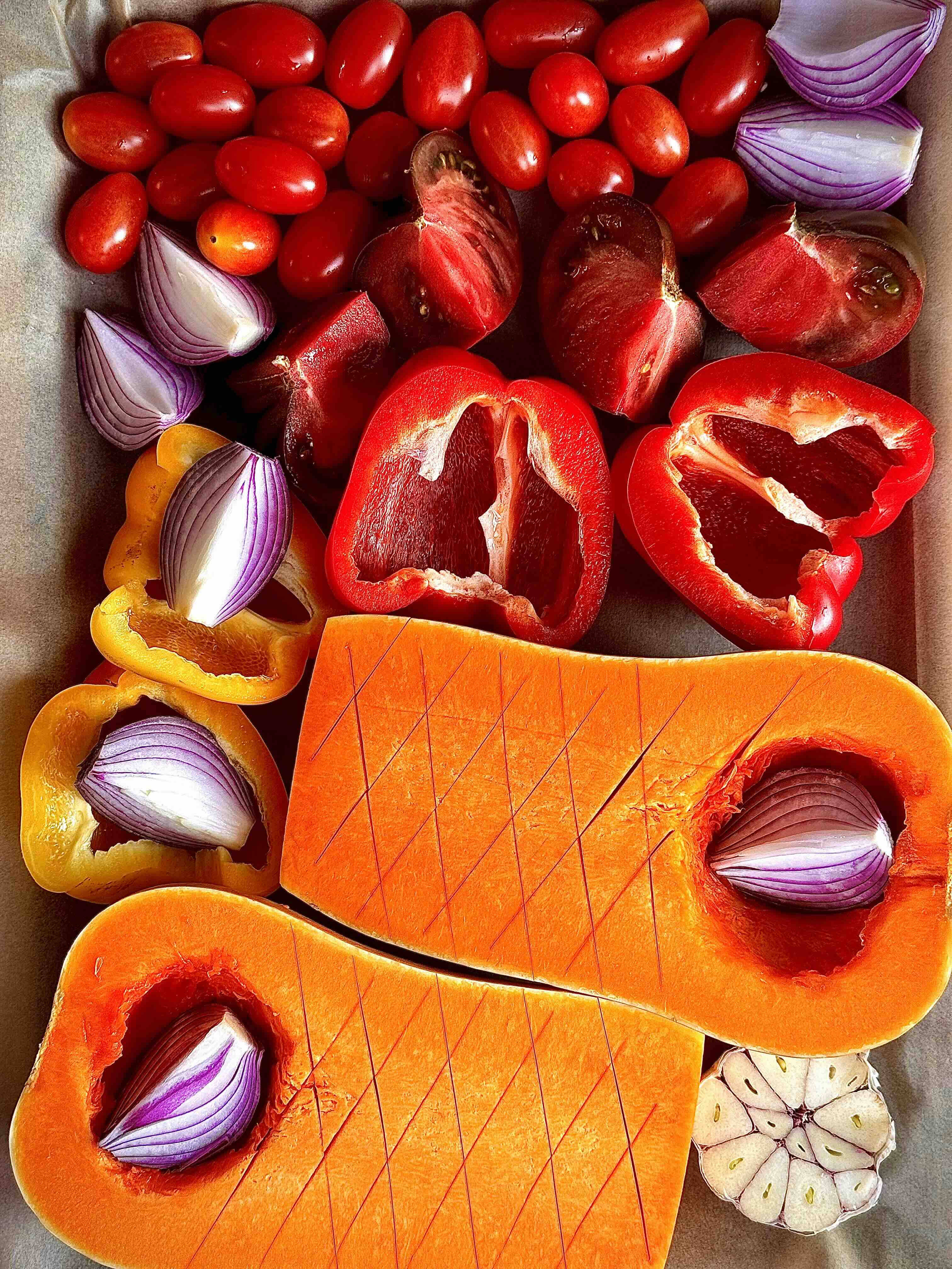 Chopped vegetables ready for roasting