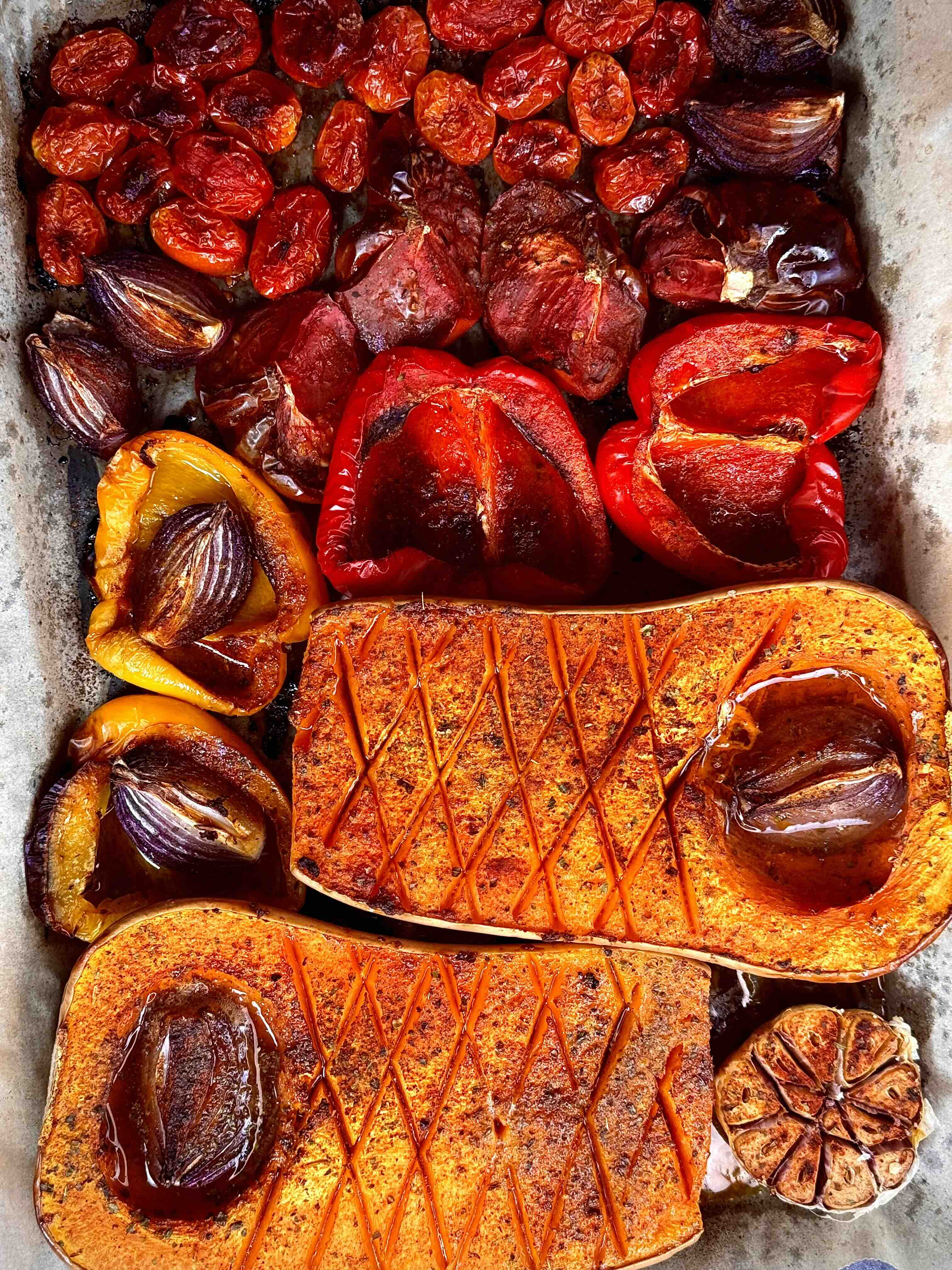 Roasted vegetables on a tray