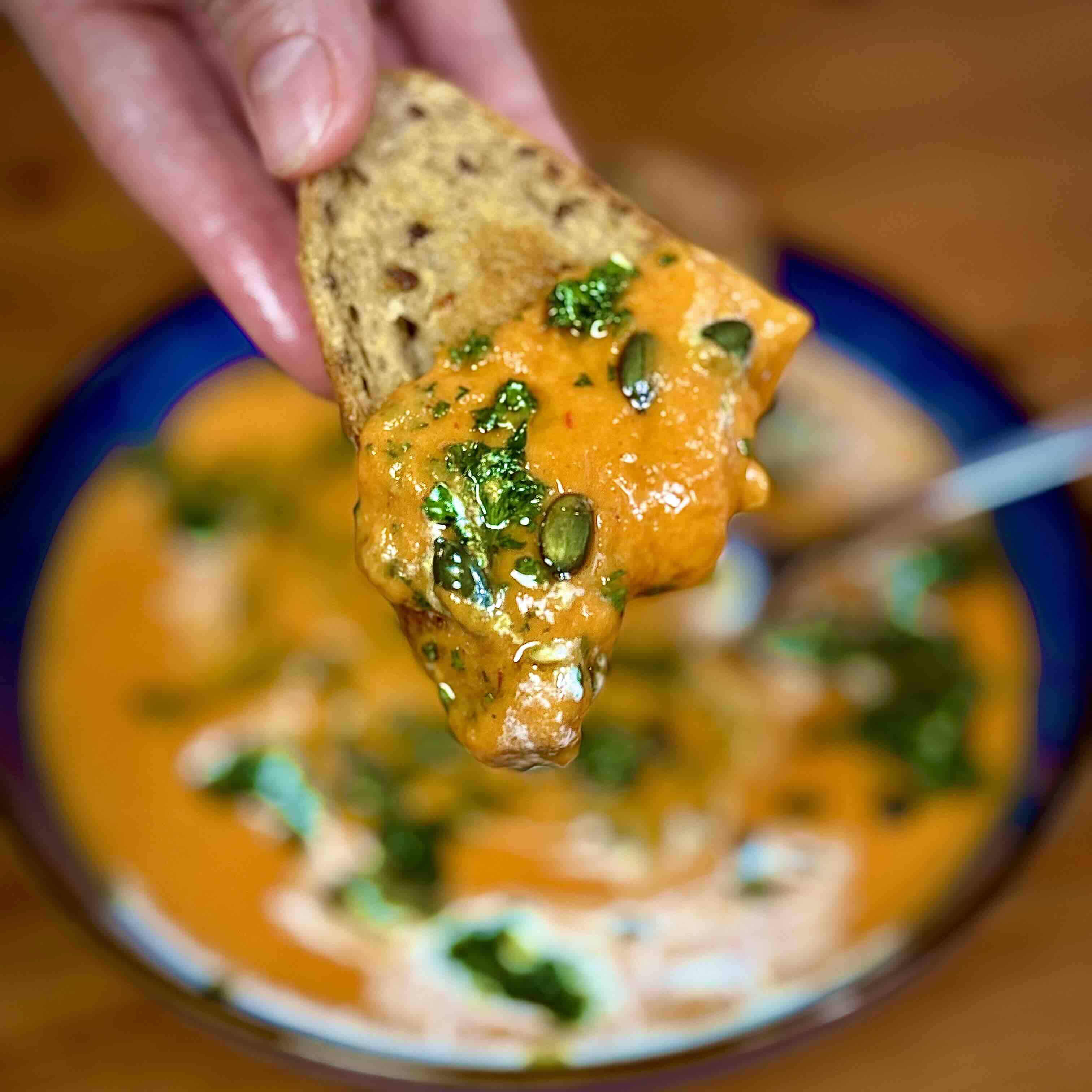 Pumpkin soup with chimichurri and sourdough croutons