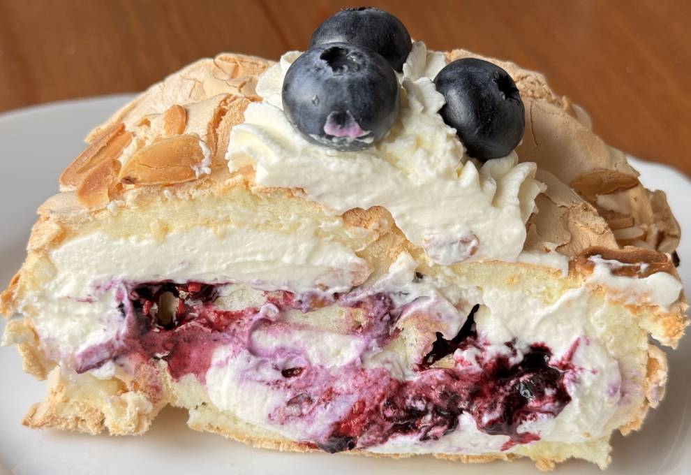 Meringue Roll with Cream Cheese Filling and Blueberry Confiture