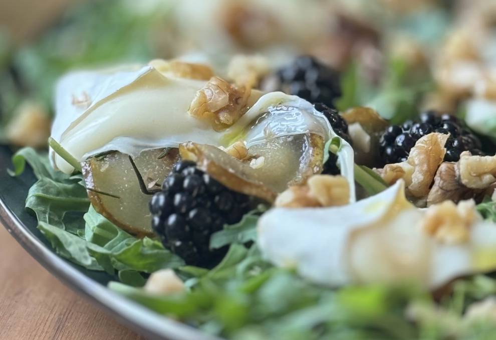 Arugula Salad with Caramelized Pear, Melted Camembert, and Blackberries