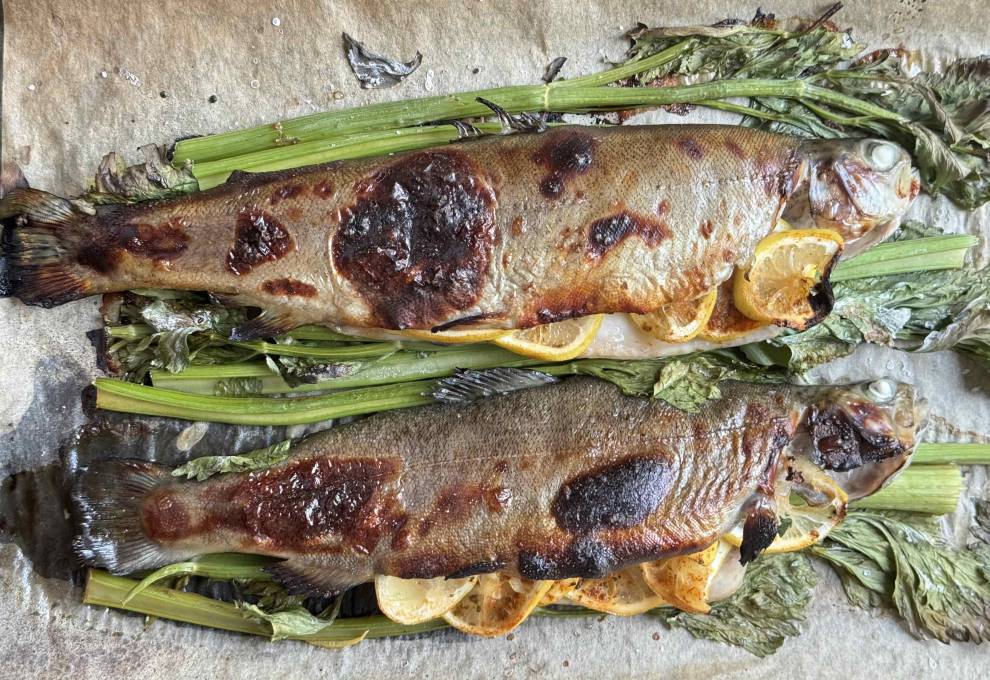 Baked Trout with Lemon, Celery, and Honey Soy Glaze