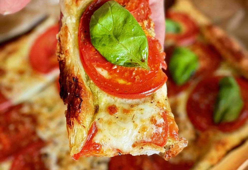 Caprese-Style Puff Pastry Pizza with Pesto, Tomato, and Mozzarella