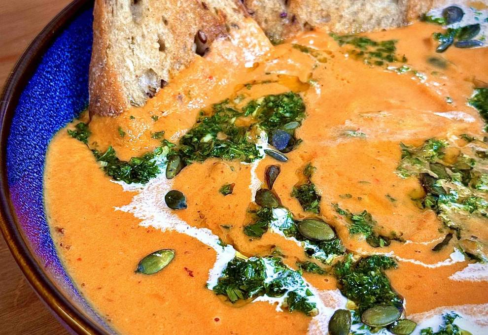 Roasted Pumpkin Soup with Chimichurri and Sourdough Croutons