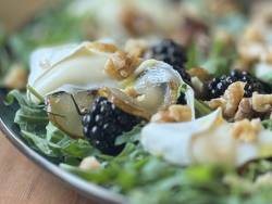 Arugula Salad with Caramelized Pear, Melted Camembert, and Blackberries