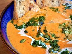 Roasted Pumpkin Soup with Chimichurri and Sourdough Croutons